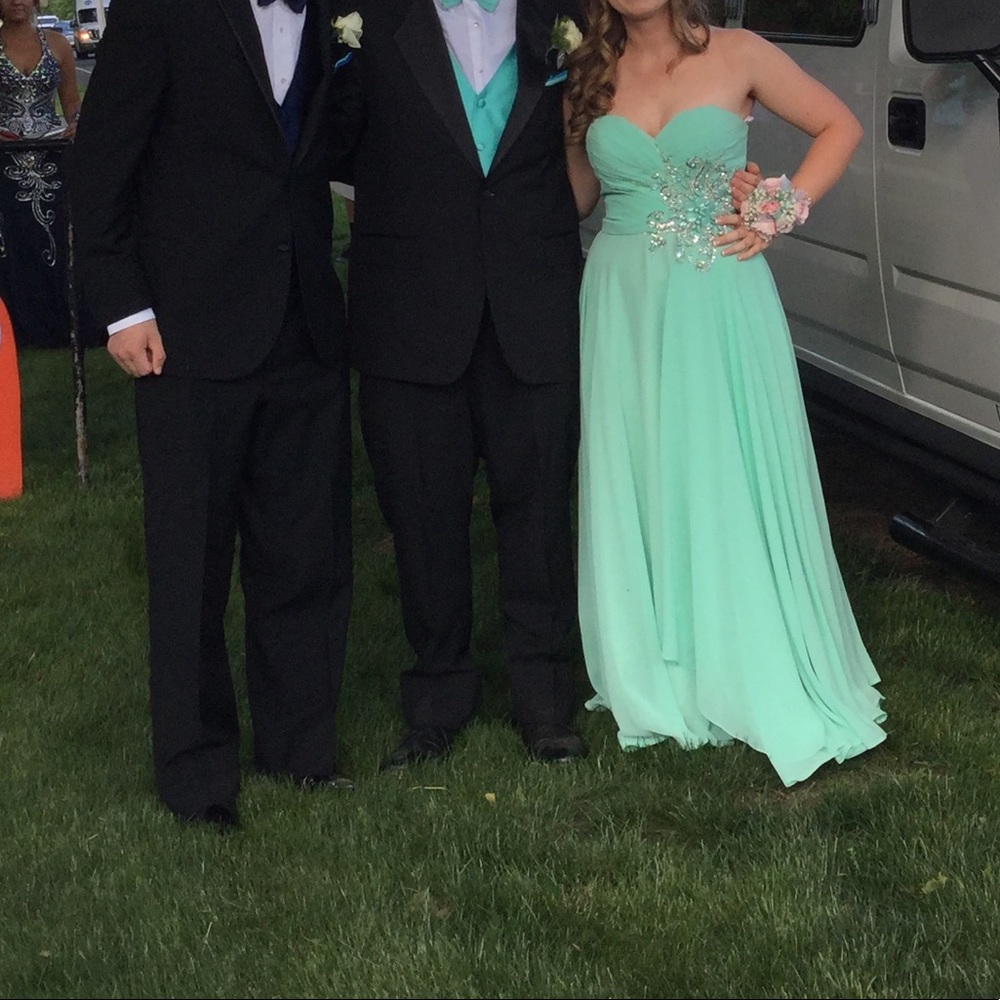 turquoise jovani strapless prom dress